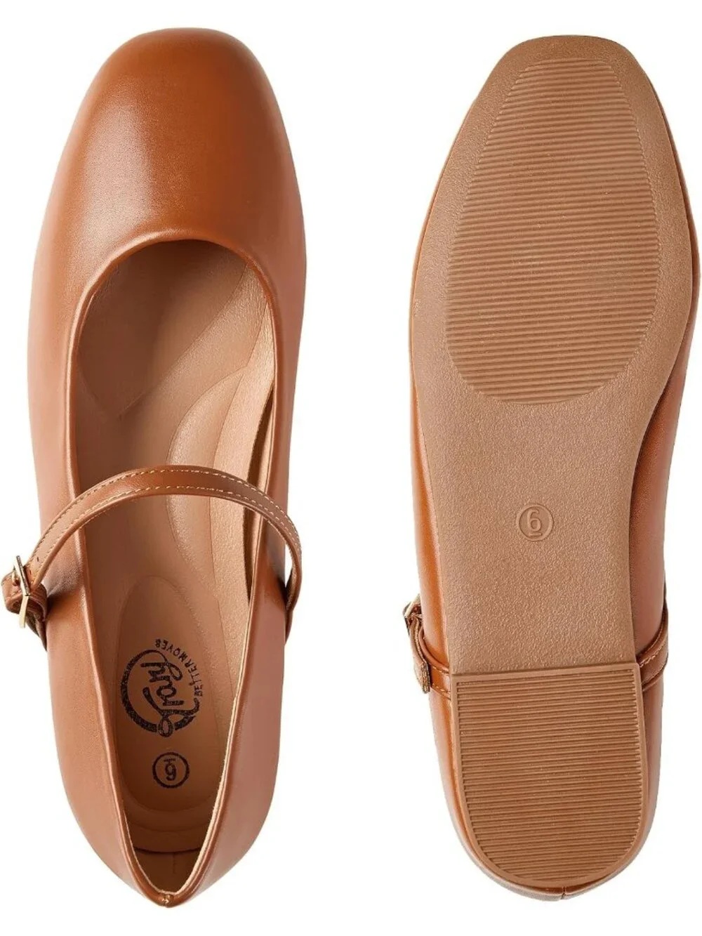 Women's Brown Square Toe With Adjustable Buckle Strap Ballet Flat Slip On Shoes